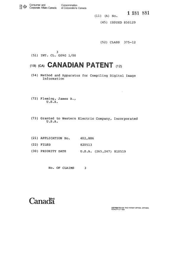 Canadian Patent Document 1181881. Cover Page 19931030. Image 1 of 1