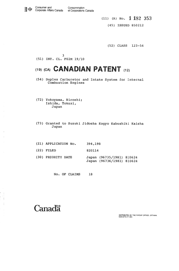 Canadian Patent Document 1182353. Cover Page 19931030. Image 1 of 1