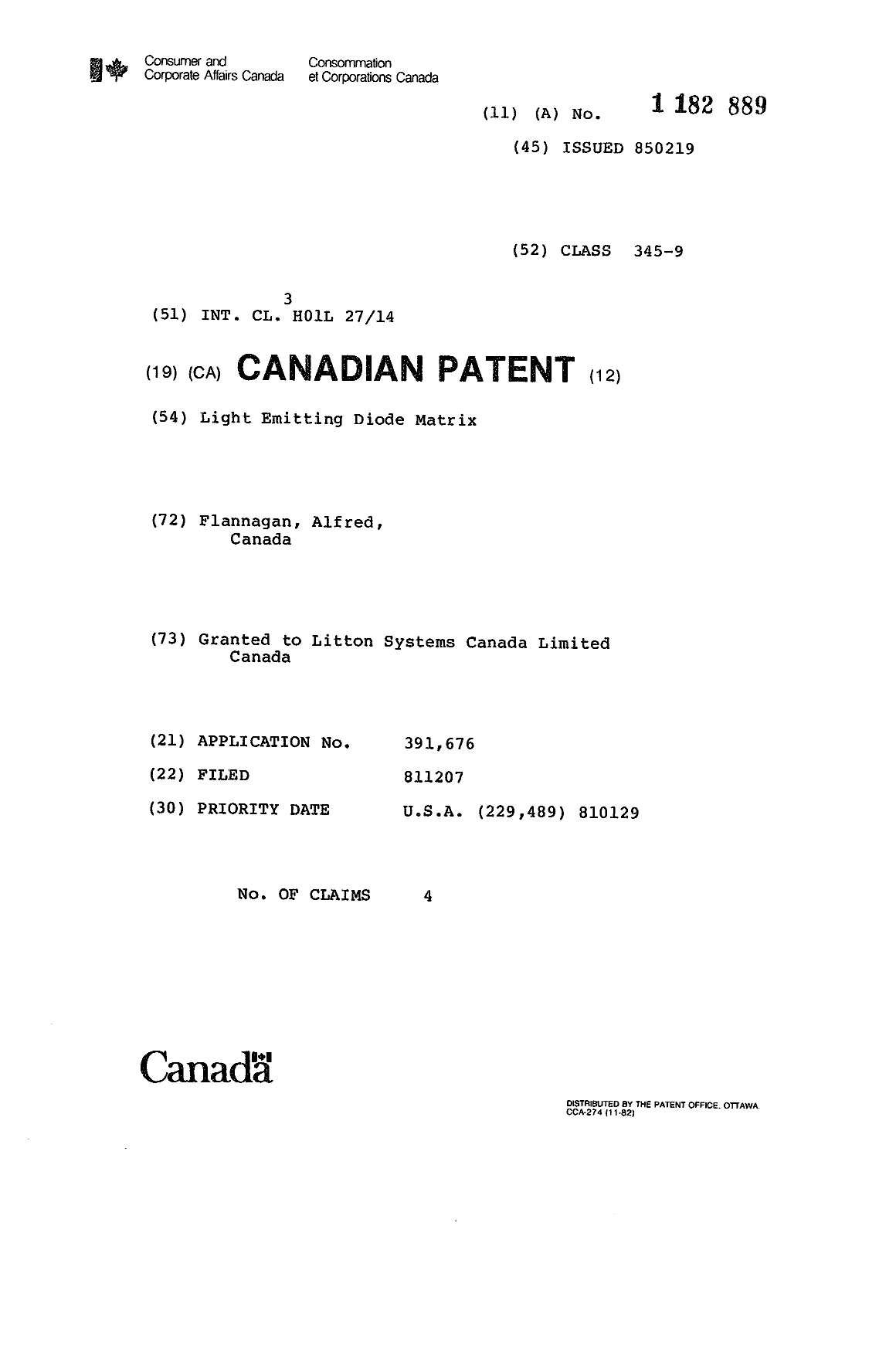 Canadian Patent Document 1182889. Cover Page 19921230. Image 1 of 1