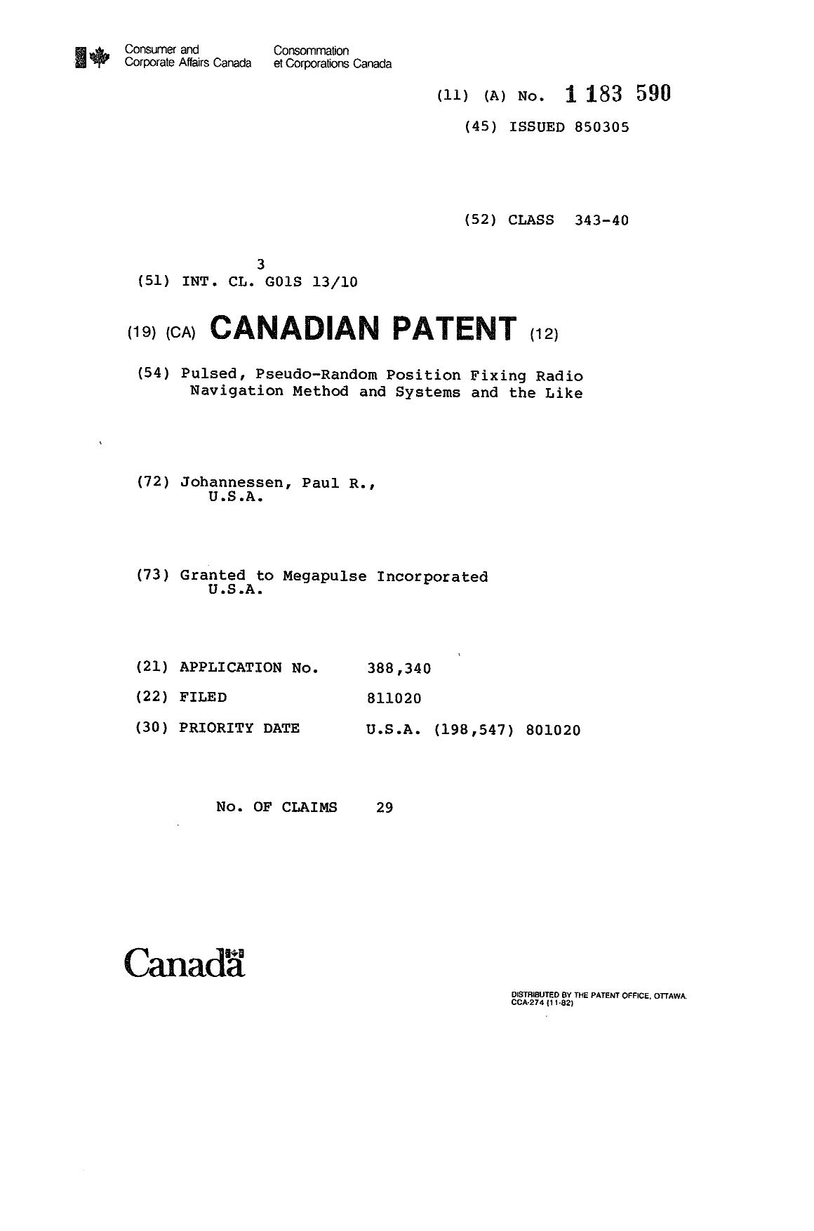 Canadian Patent Document 1183590. Cover Page 19930608. Image 1 of 1