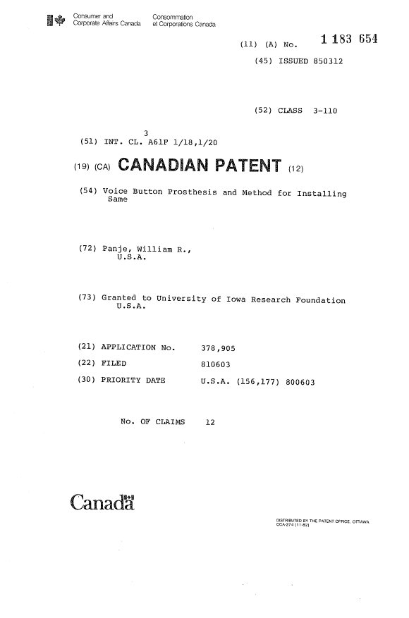 Document de brevet canadien 1183654. Page couverture 19931018. Image 1 de 1