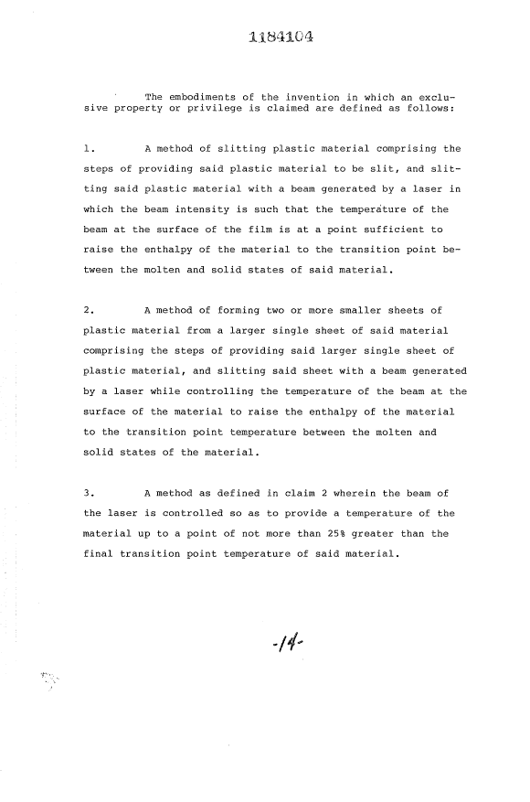 Document de brevet canadien 1184104. Revendications 19930608. Image 1 de 4