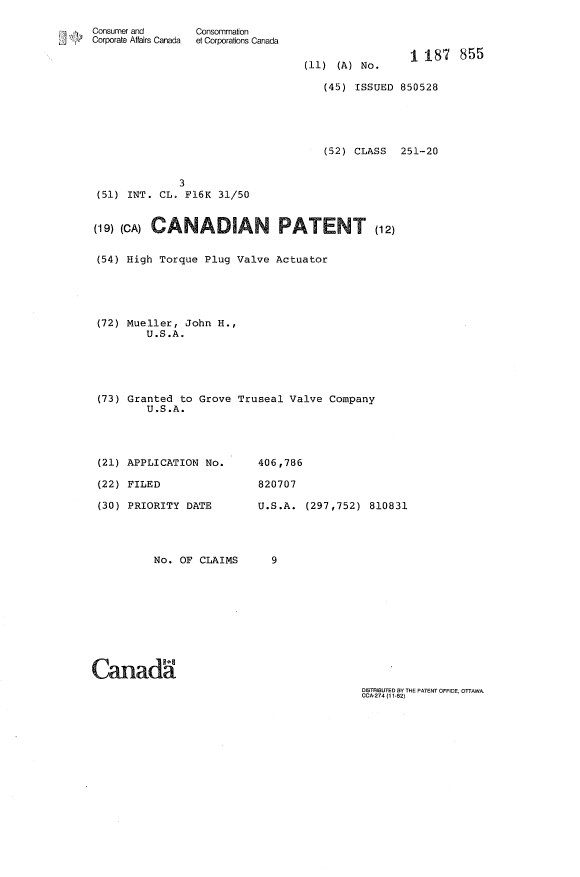 Canadian Patent Document 1187855. Cover Page 19921210. Image 1 of 1