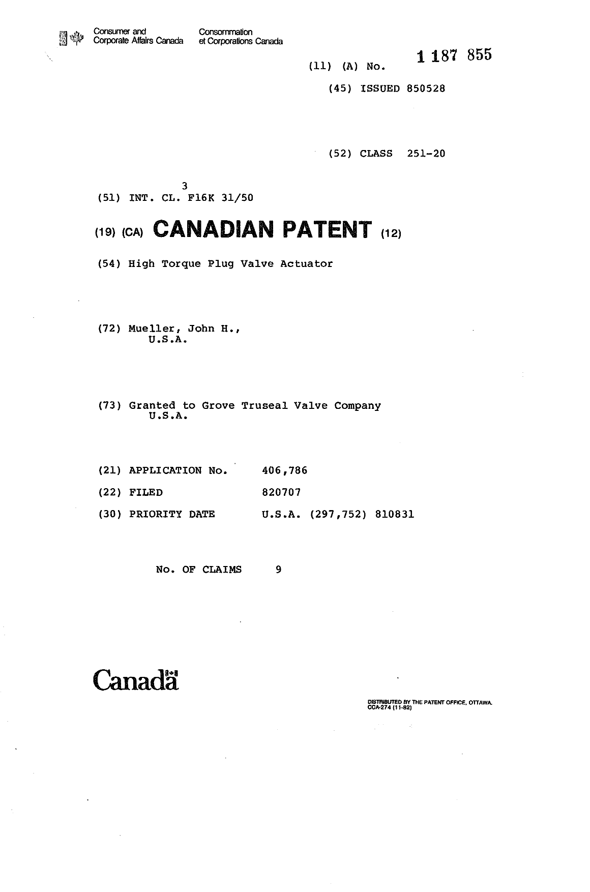 Canadian Patent Document 1187855. Cover Page 19921210. Image 1 of 1