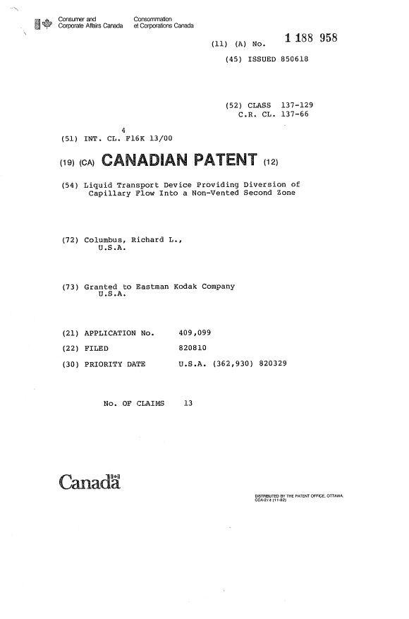 Canadian Patent Document 1188958. Cover Page 19930611. Image 1 of 1