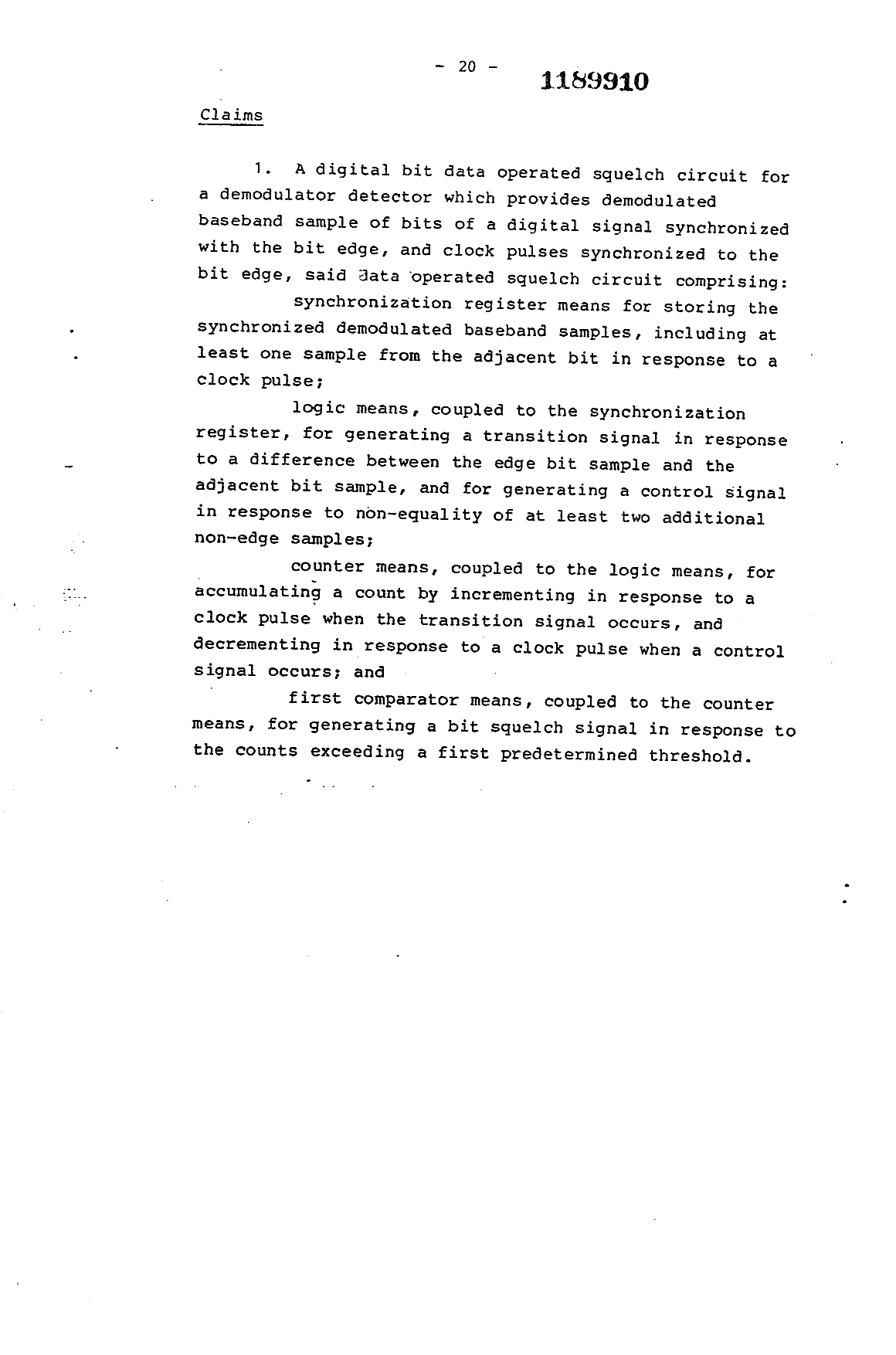Document de brevet canadien 1189910. Revendications 19930614. Image 1 de 4