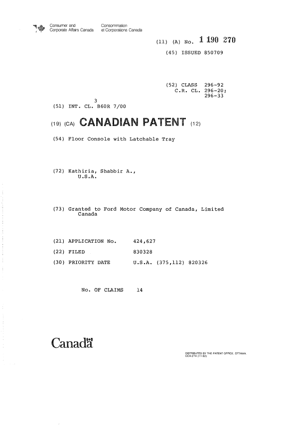 Document de brevet canadien 1190270. Page couverture 19930615. Image 1 de 1