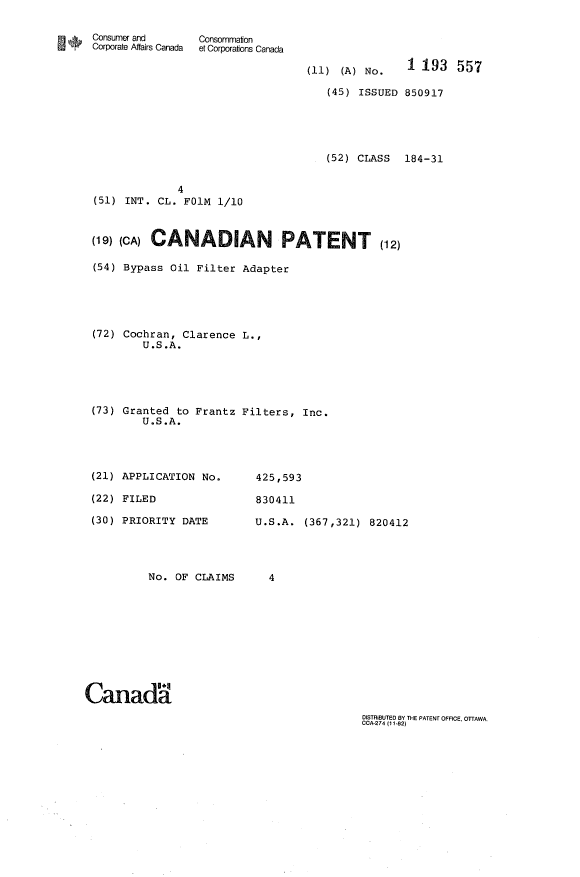 Canadian Patent Document 1193557. Cover Page 19930705. Image 1 of 1