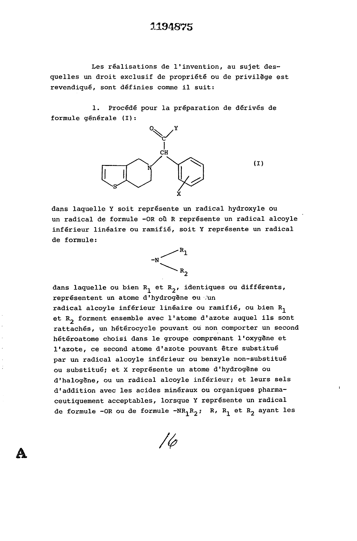 Document de brevet canadien 1194875. Revendications 19921218. Image 1 de 9