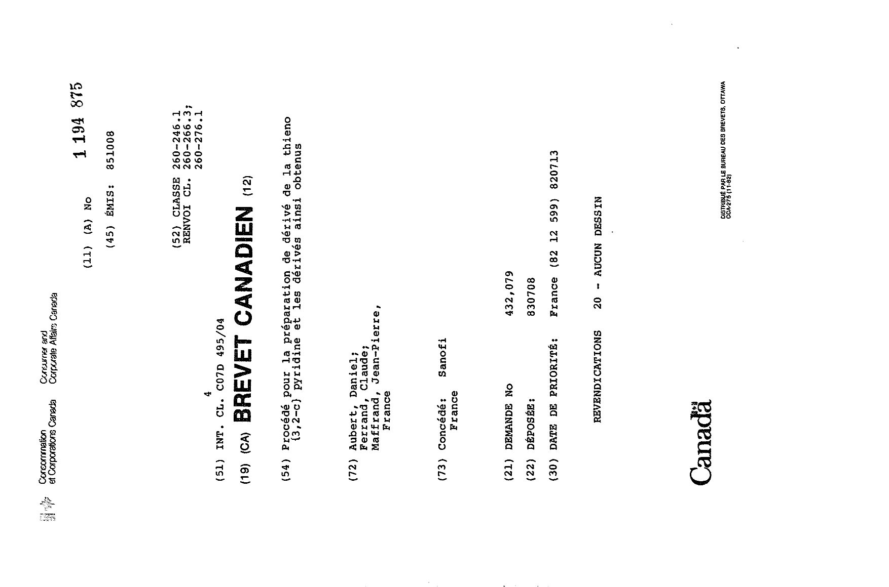 Document de brevet canadien 1194875. Page couverture 19921218. Image 1 de 1