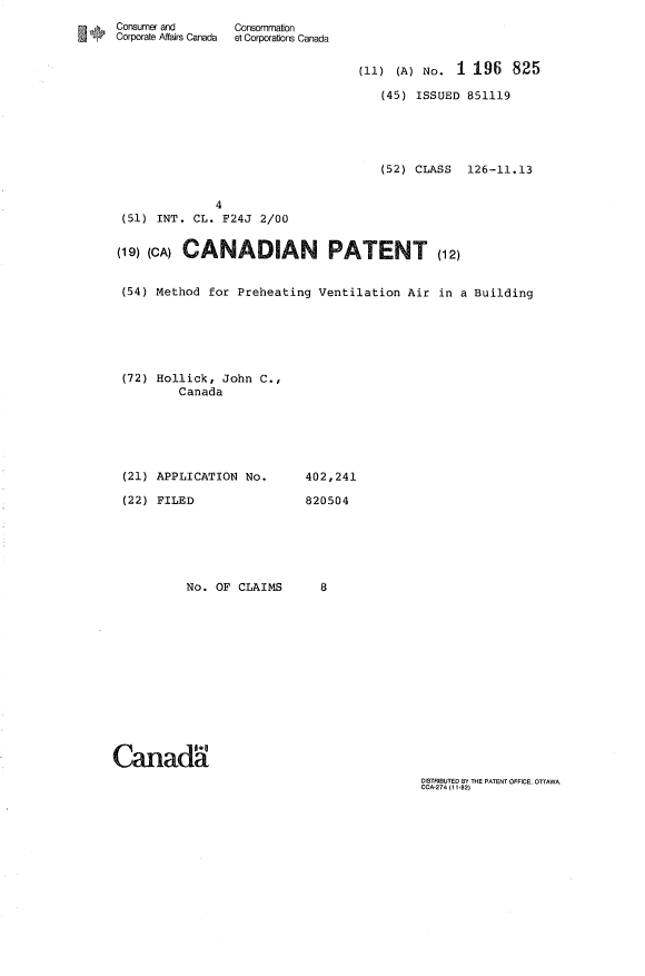 Canadian Patent Document 1196825. Cover Page 19930621. Image 1 of 1