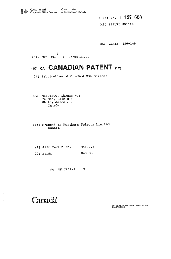 Canadian Patent Document 1197628. Cover Page 19921222. Image 1 of 1