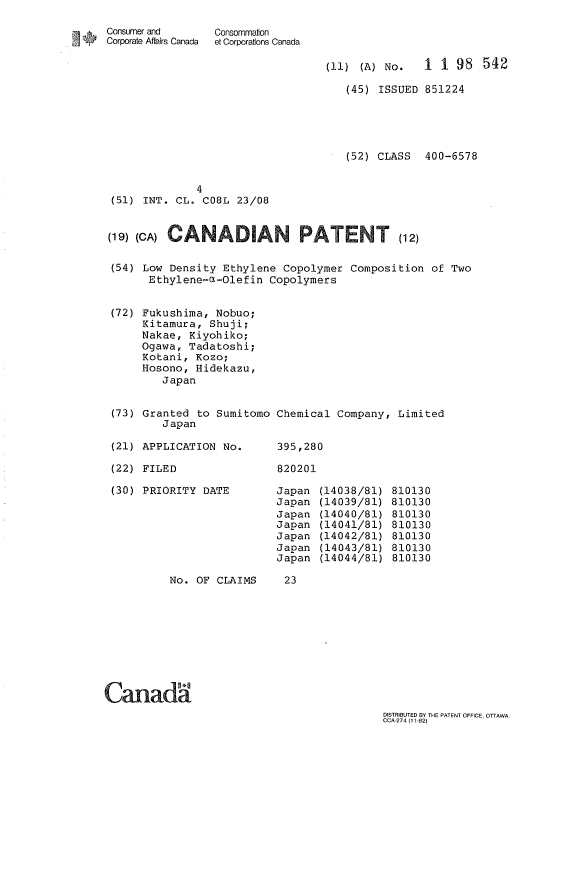 Canadian Patent Document 1198542. Cover Page 19930622. Image 1 of 1