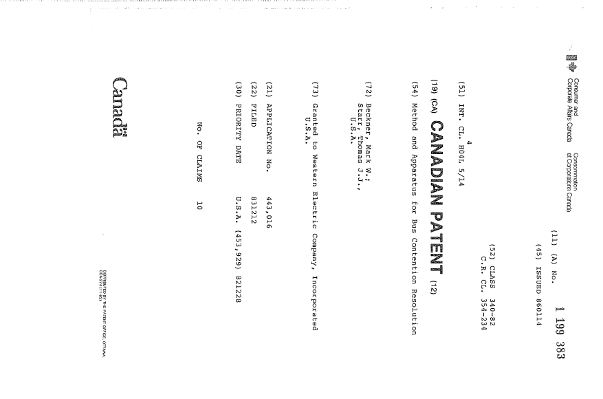 Canadian Patent Document 1199383. Cover Page 19930623. Image 1 of 1