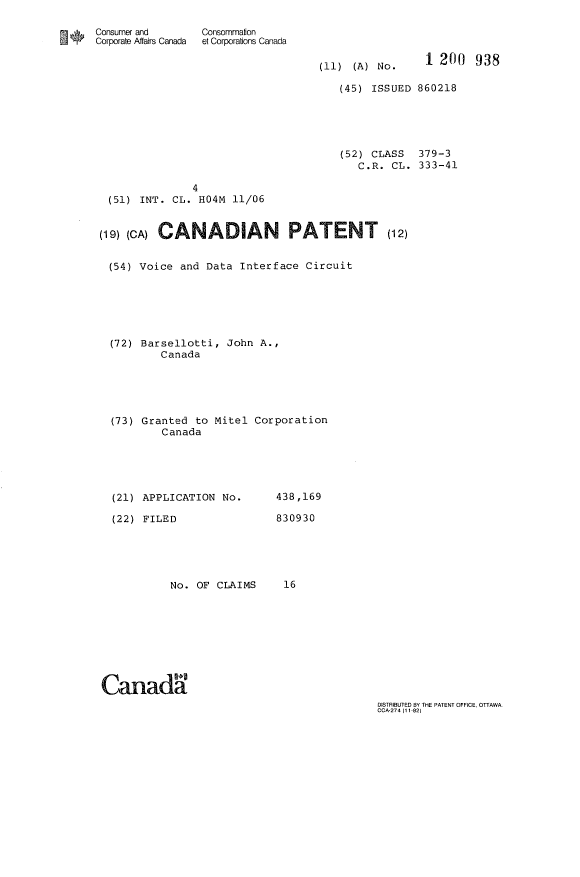 Document de brevet canadien 1200938. Page couverture 19930623. Image 1 de 1