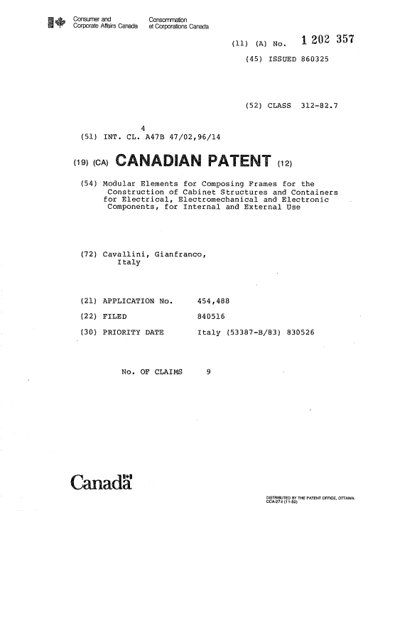 Canadian Patent Document 1202357. Cover Page 19930624. Image 1 of 1