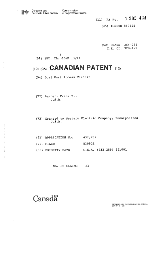 Canadian Patent Document 1202424. Cover Page 19930705. Image 1 of 1