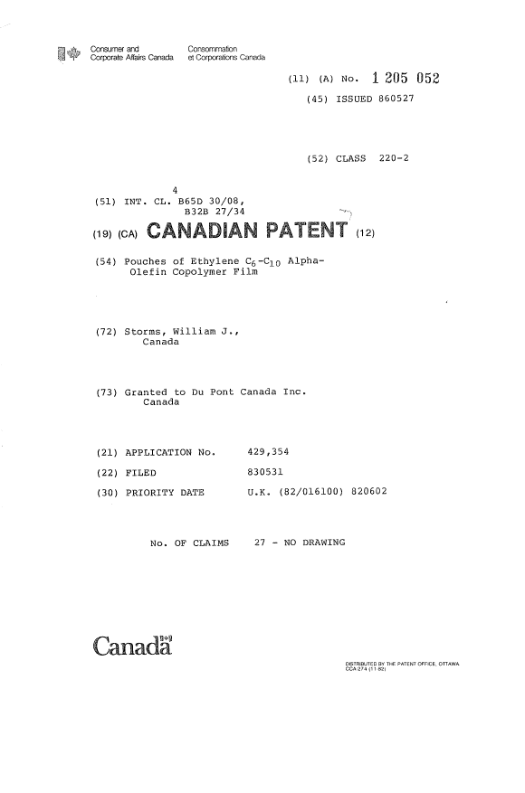 Canadian Patent Document 1205052. Cover Page 19930705. Image 1 of 1