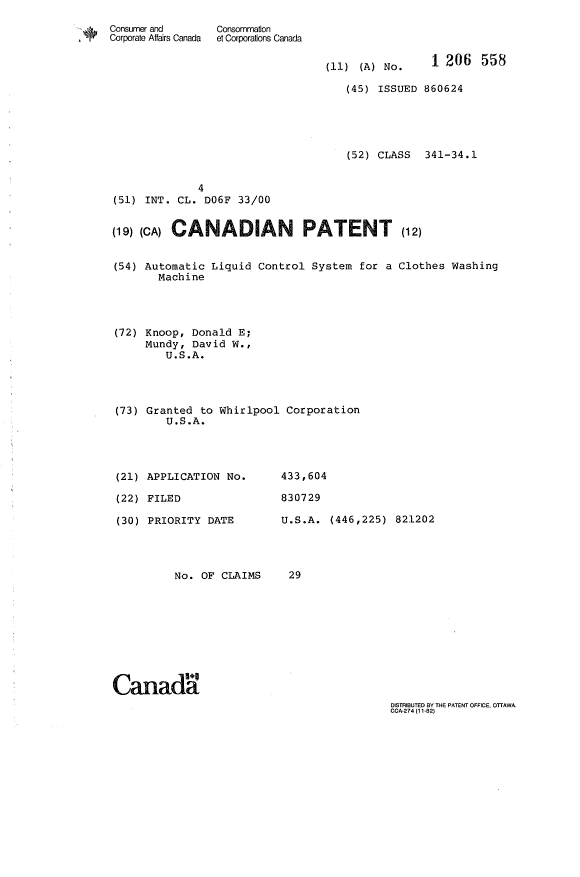 Canadian Patent Document 1206558. Cover Page 19930628. Image 1 of 1