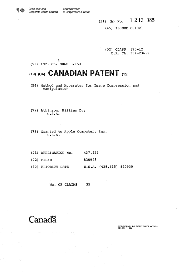 Document de brevet canadien 1213085. Page couverture 19930715. Image 1 de 1