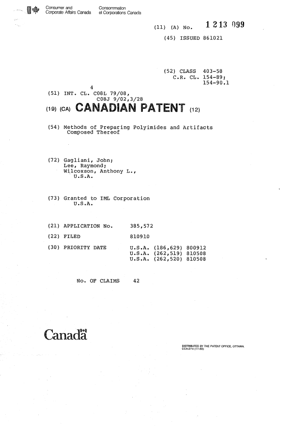 Canadian Patent Document 1213099. Cover Page 19930715. Image 1 of 1