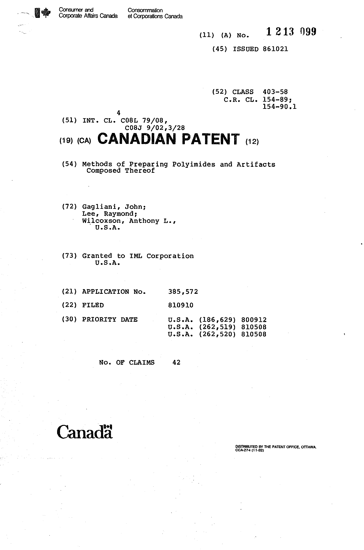 Canadian Patent Document 1213099. Cover Page 19930715. Image 1 of 1