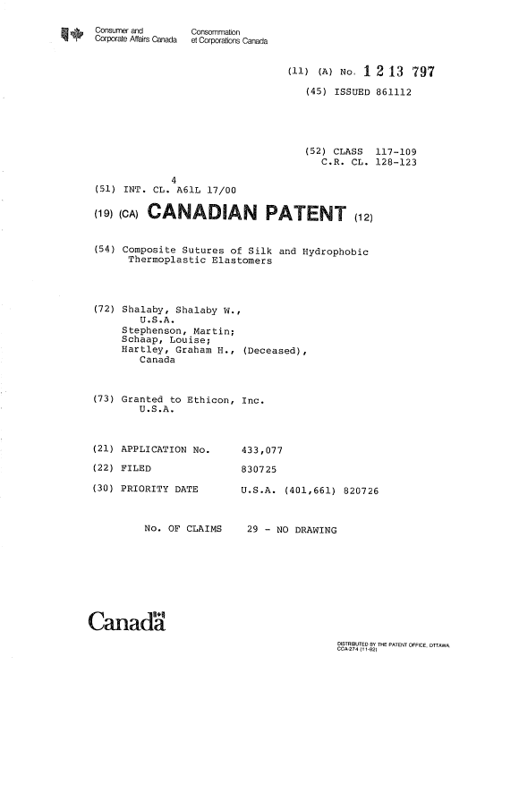 Canadian Patent Document 1213797. Cover Page 19930707. Image 1 of 1