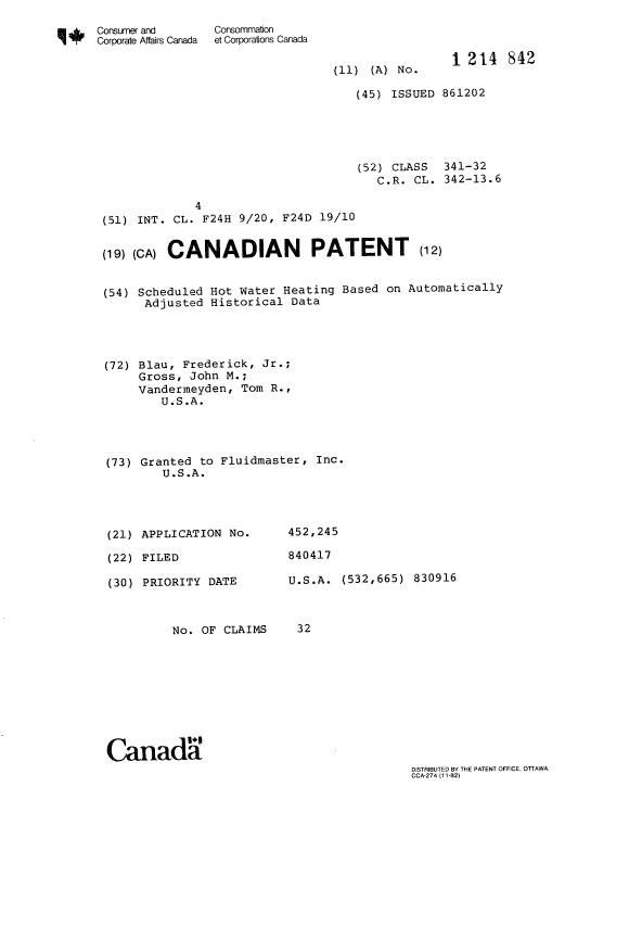 Canadian Patent Document 1214842. Cover Page 19930723. Image 1 of 1