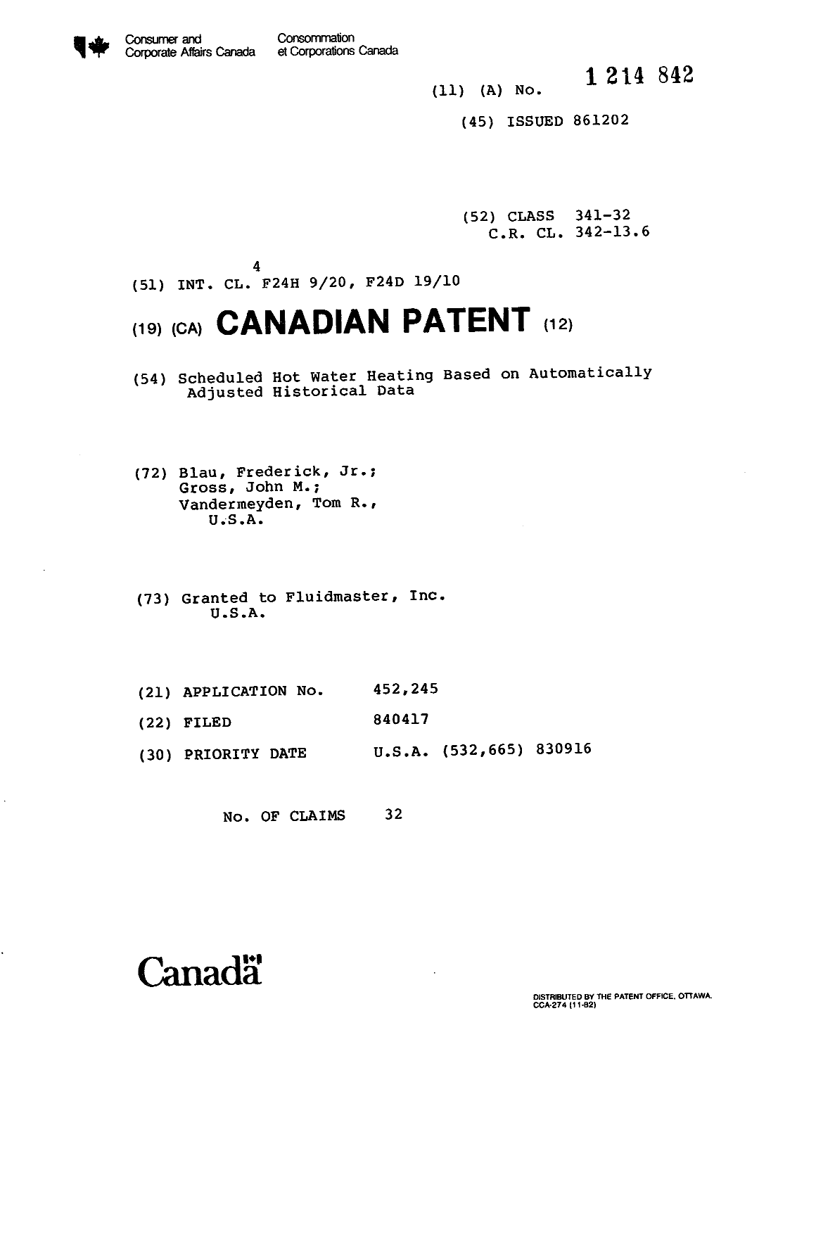 Canadian Patent Document 1214842. Cover Page 19930723. Image 1 of 1