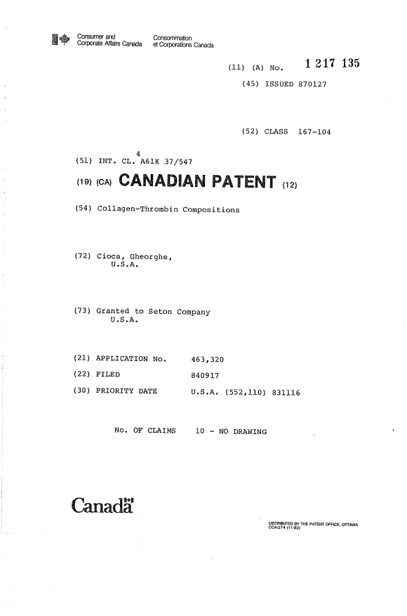 Canadian Patent Document 1217135. Cover Page 19930713. Image 1 of 1