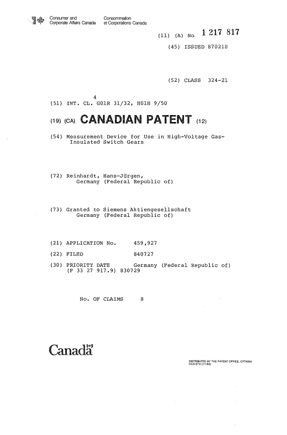 Canadian Patent Document 1217817. Cover Page 19921224. Image 1 of 1