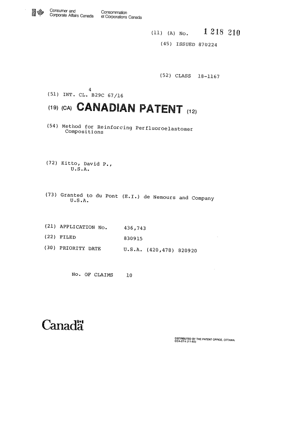 Canadian Patent Document 1218210. Cover Page 19930924. Image 1 of 1