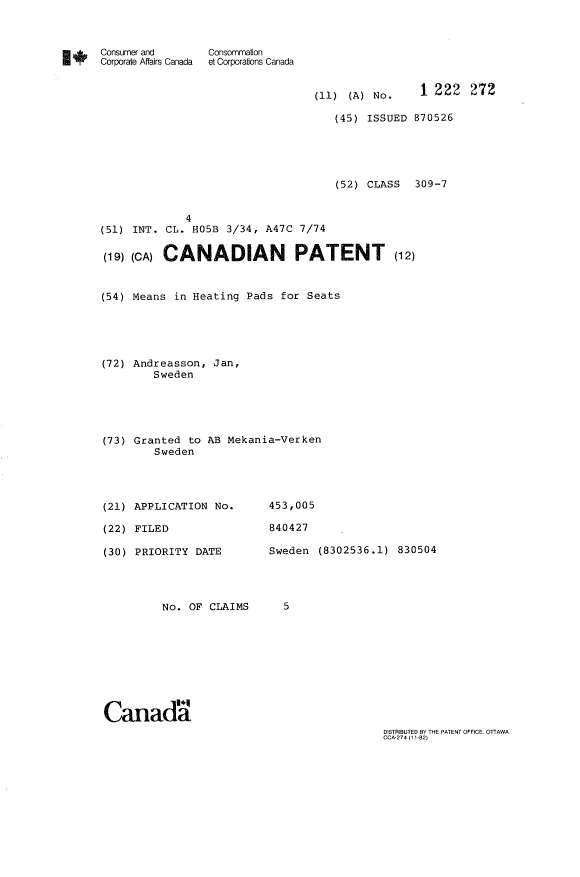 Canadian Patent Document 1222272. Cover Page 19921225. Image 1 of 1