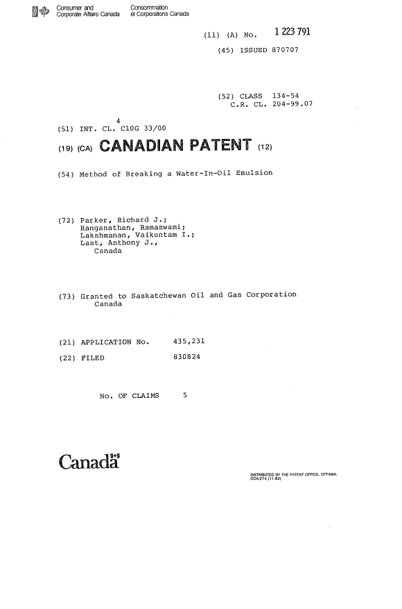 Canadian Patent Document 1223791. Cover Page 19921204. Image 1 of 1