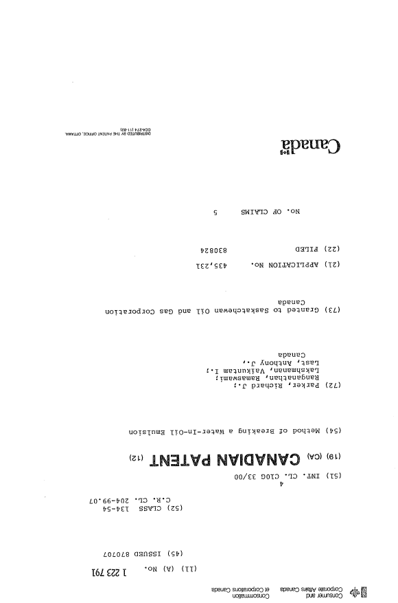 Document de brevet canadien 1223791. Page couverture 19921204. Image 1 de 1