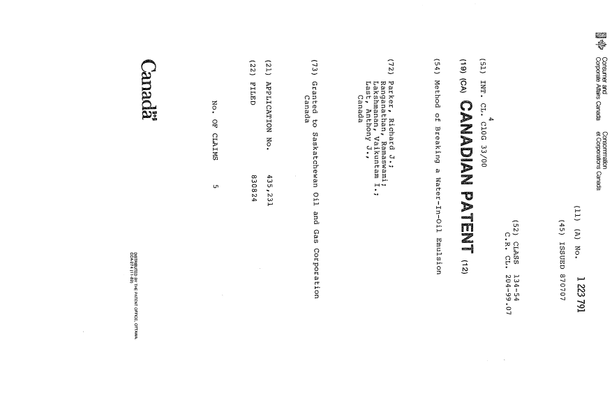 Document de brevet canadien 1223791. Page couverture 19921204. Image 1 de 1