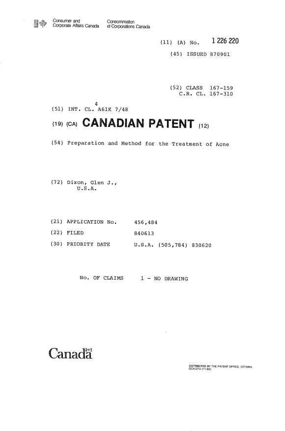 Document de brevet canadien 1226220. Page couverture 19930727. Image 1 de 1