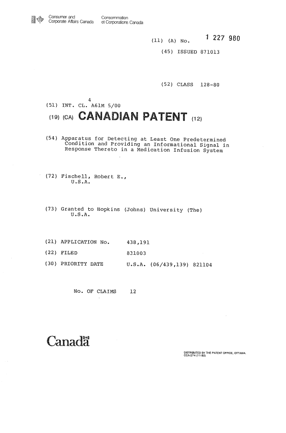 Canadian Patent Document 1227980. Cover Page 19921227. Image 1 of 1
