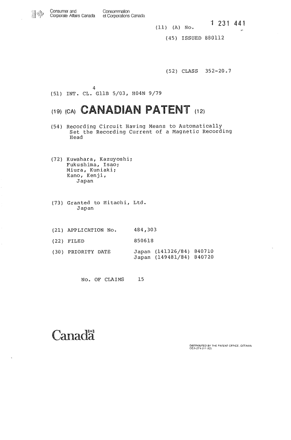 Canadian Patent Document 1231441. Cover Page 19930730. Image 1 of 1