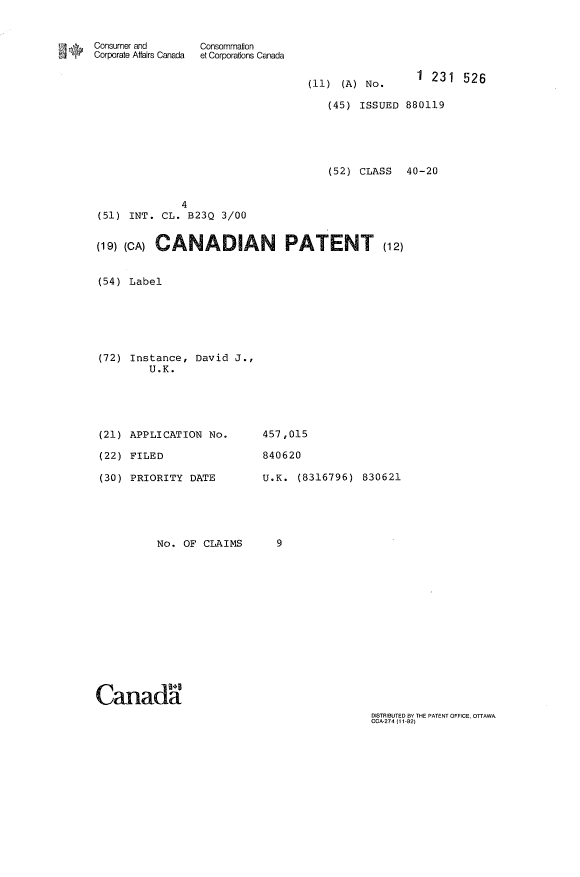 Canadian Patent Document 1231526. Cover Page 19921230. Image 1 of 1