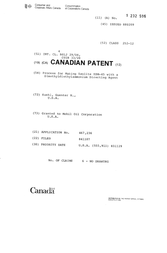 Canadian Patent Document 1232596. Cover Page 19921214. Image 1 of 1