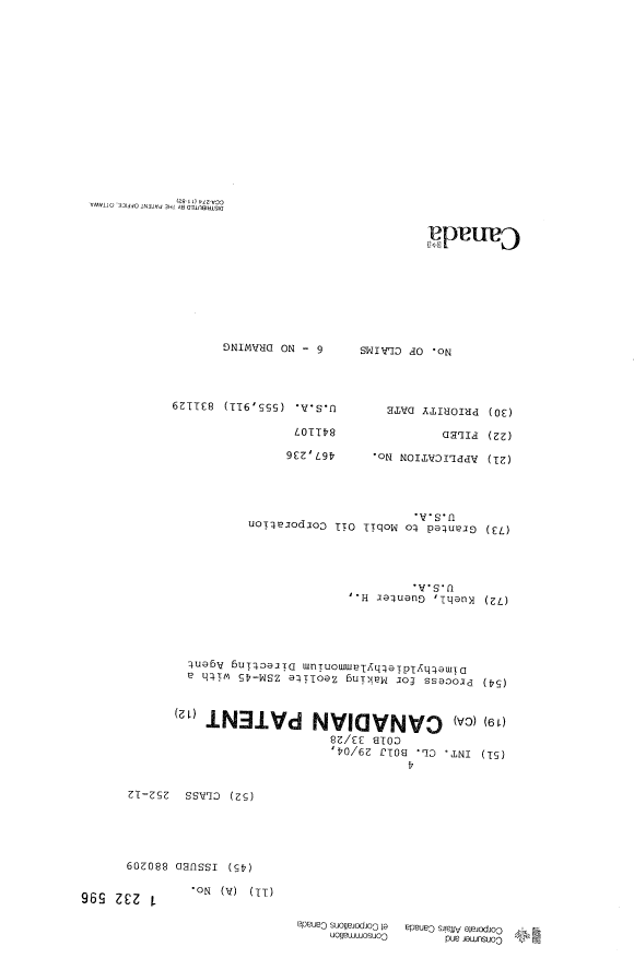 Canadian Patent Document 1232596. Cover Page 19921214. Image 1 of 1