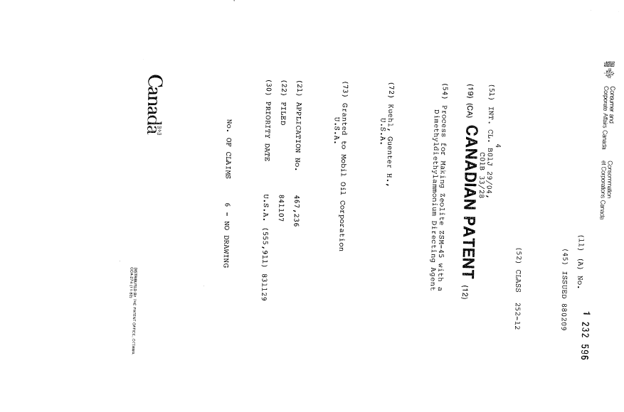 Document de brevet canadien 1232596. Page couverture 19921214. Image 1 de 1