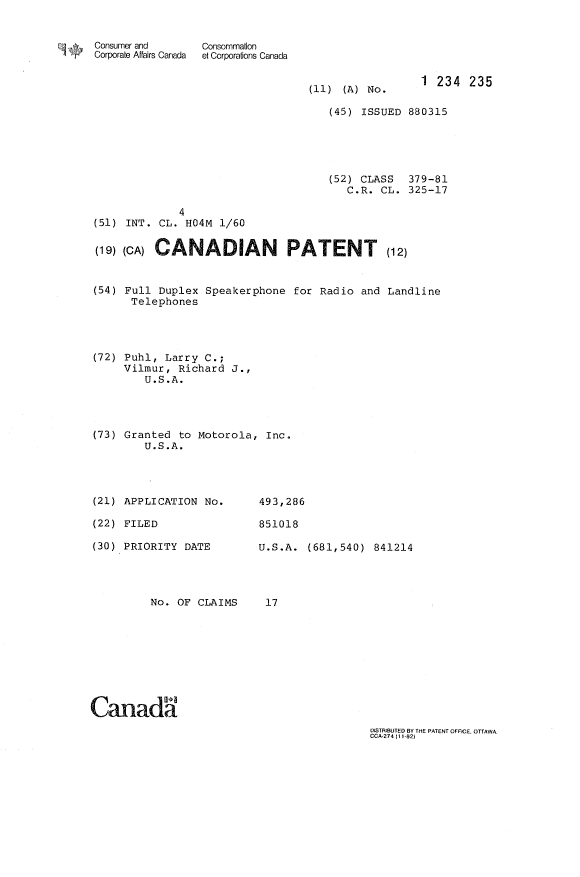 Document de brevet canadien 1234235. Page couverture 19930803. Image 1 de 1