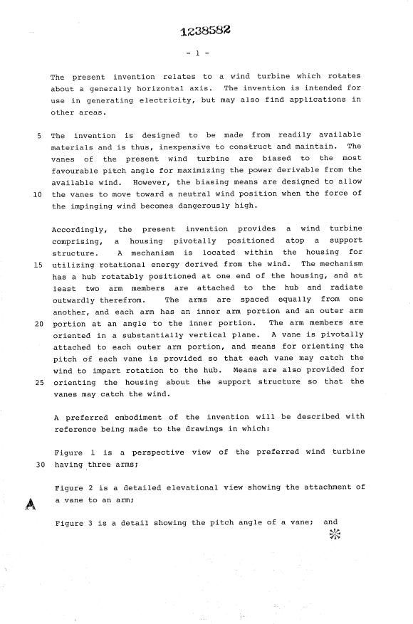 Canadian Patent Document 1238582. Description 19930930. Image 1 of 5
