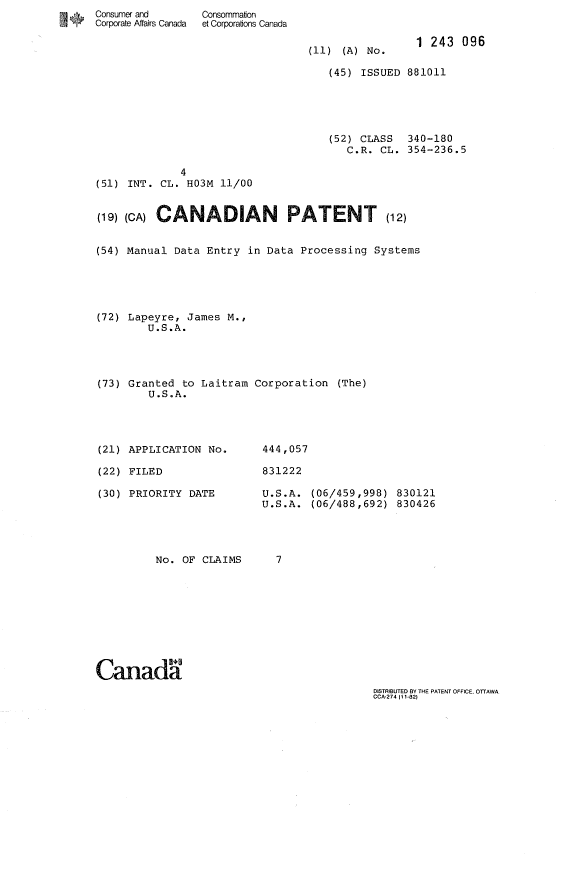 Canadian Patent Document 1243096. Cover Page 19931001. Image 1 of 1