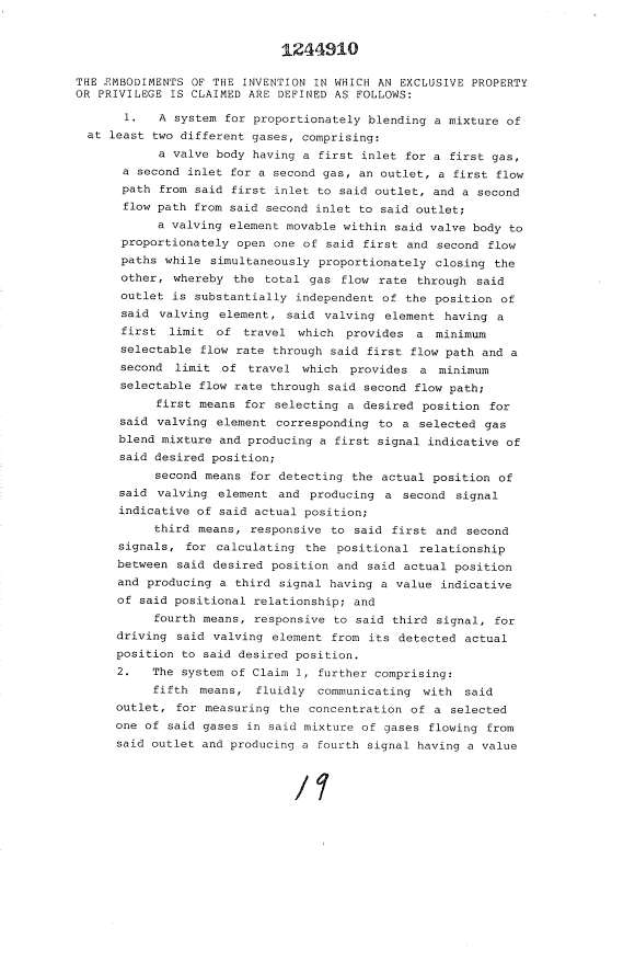 Document de brevet canadien 1244910. Revendications 19921219. Image 1 de 18