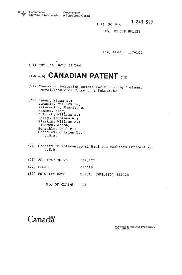 Canadian Patent Document 1245517. Cover Page 19931001. Image 1 of 1