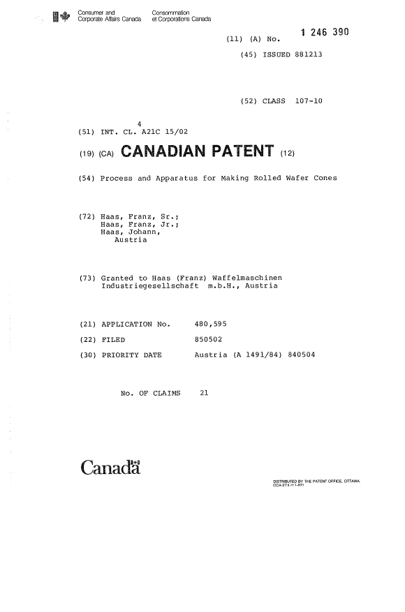 Document de brevet canadien 1246390. Page couverture 19931003. Image 1 de 1