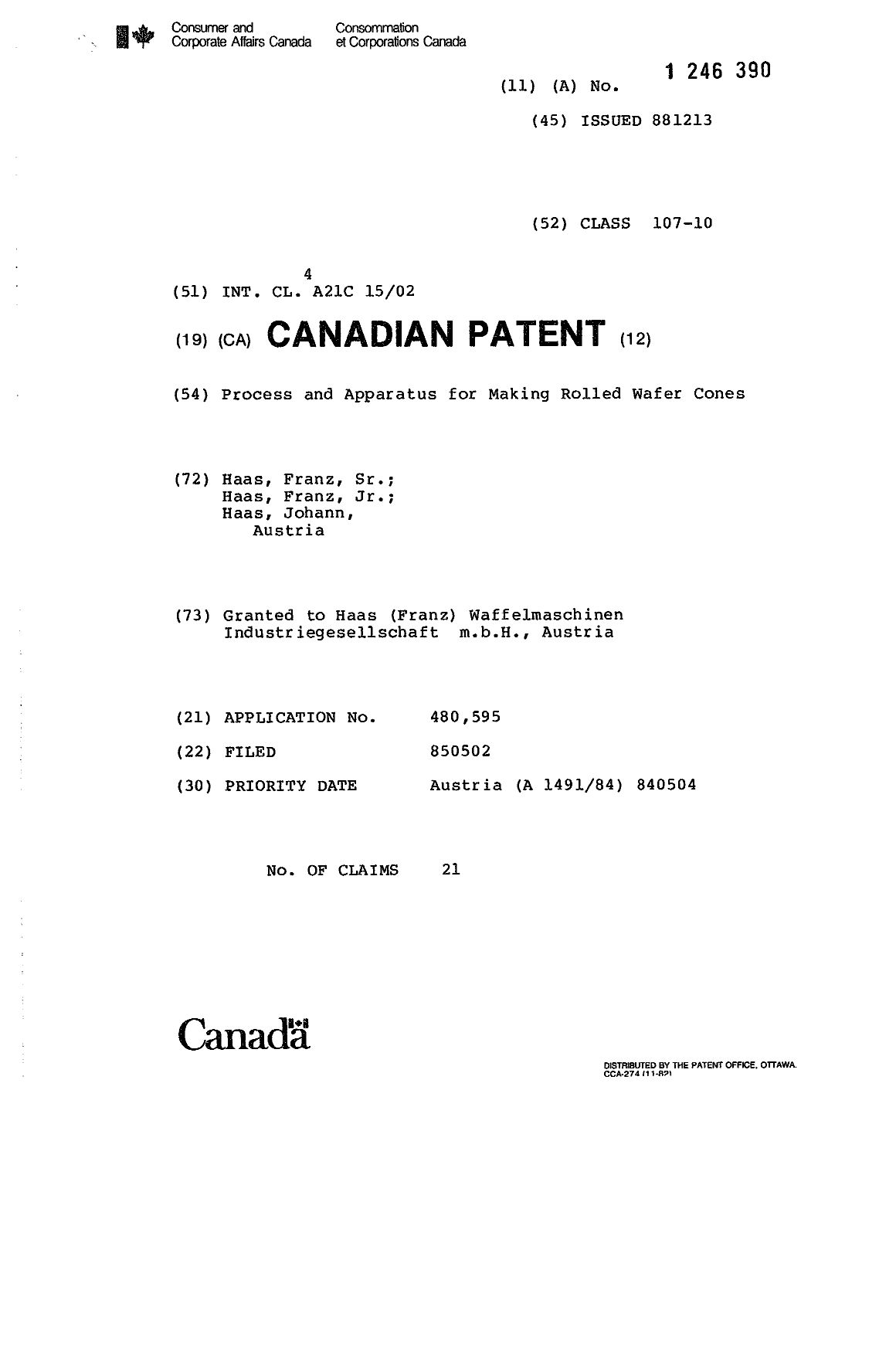 Canadian Patent Document 1246390. Cover Page 19931003. Image 1 of 1